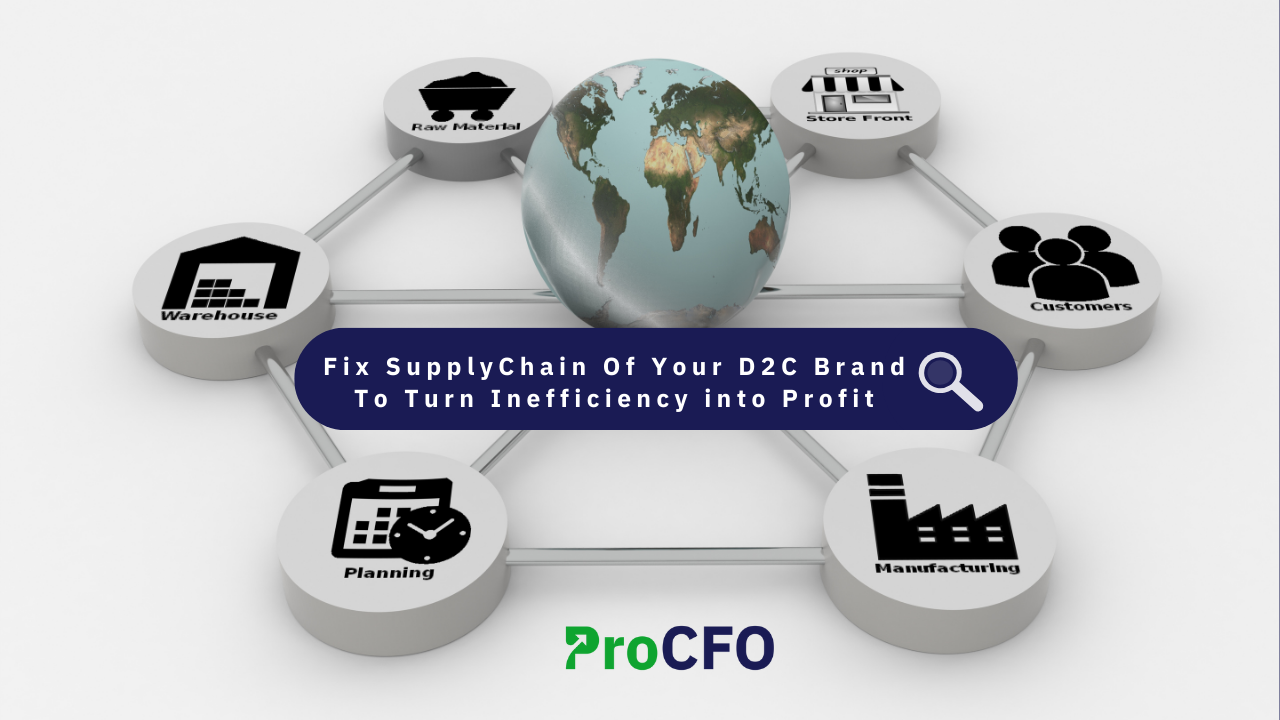 Illustration of an optimized D2C supply chain with interconnected warehouses, delivery trucks, and platform logos, highlighting improved efficiency, SLA compliance, and profitability.