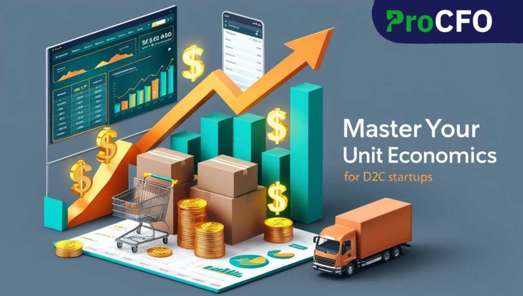 Illustration of e-commerce elements like shopping carts, delivery trucks, and financial graphs representing unit economics for D2C startups focused on profitability and growth