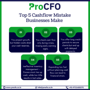 Infographic highlighting the top 5 cash flow mistakes businesses make, including overestimating revenue, poor cash flow monitoring, excessive credit extension, inventory mismanagement, and unplanned growth. Each mistake is paired with practical strategies for cash flow management inspired by successful global and Indian companies.