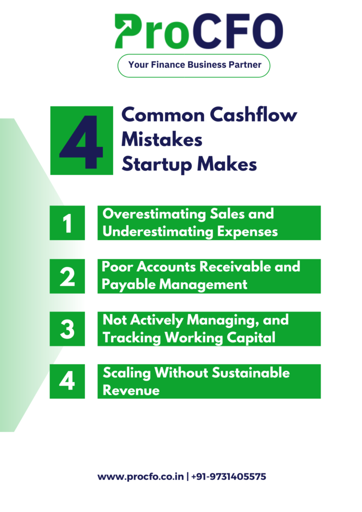 A stressed startup founder analyzing cash flow statements on a laptop, with financial charts and overdue invoices in the background, representing common cash flow mistakes and financial management challenges.