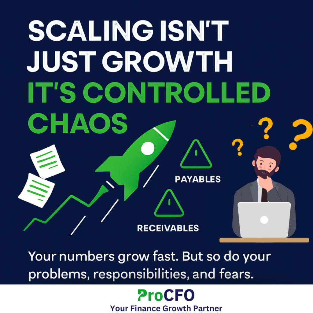 A bold digital poster with a navy blue background and white-green text that reads “Scaling isn’t just growth — it’s controlled chaos.” A rocket launches upward surrounded by finance icons like invoices, charts, and checklists, symbolizing the challenges of business growth. The poster features the ProCFO logo with the tagline “Your Finance Business Partner” and the CTA: “Scale Smart. Not Scared.”